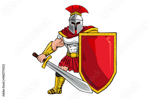 Ancient warrior with sword and shield in helmet and armor, Spartan or Trojan warrior or a Roman gladiator cartoon character, ancient roman gladiator with armour soldier