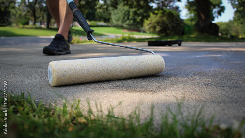 Принти на полотні close-up of a person sealing a concrete driveway with a roller and the tray in the background