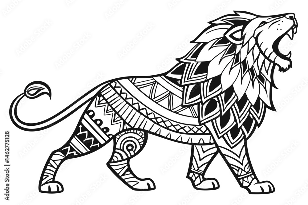 Fototapeta premium 74 Intricate lion illustration, zentangle style, black and white, detailed patterns, ornate design, geometric shapes, line art, tribal motifs, majestic pose, roaring lion, animal art, abstract wildlif