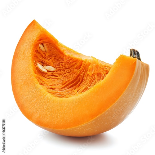 A single slice of bright orange pumpkin with visible seeds against a white backdrop