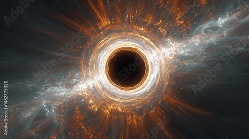 Mesmerizing black hole surrounded by vibrant solar flares and swirling cosmic dust, creating stunning visual of universe mysteries and beauty. event horizon glows with intense energy