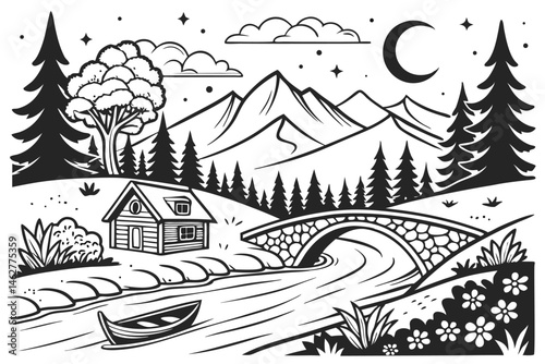 75 Intricate black and white illustration, serene landscape, mountain valley, flowing river, stone bridge, small boat, lush forest, pine trees, wildflowers, blooming tree, starry night sky, flying bir