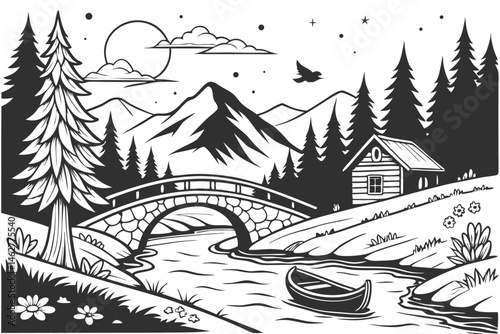 75 Intricate black and white illustration, serene landscape, mountain valley, flowing river, stone bridge, small boat, lush forest, pine trees, wildflowers, blooming tree, starry night sky, flying bir