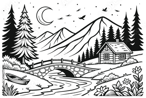 75 Intricate black and white illustration, serene landscape, mountain valley, flowing river, stone bridge, small boat, lush forest, pine trees, wildflowers, blooming tree, starry night sky, flying bir