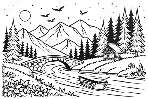 75 Intricate black and white illustration, serene landscape, mountain valley, flowing river, stone bridge, small boat, lush forest, pine trees, wildflowers, blooming tree, starry night sky, flying bir