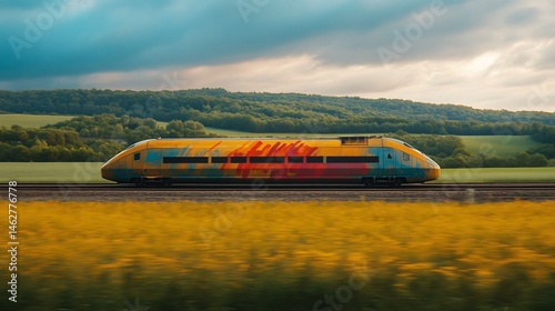 Equality mural painted the side of a train speeding through countryside landscapes