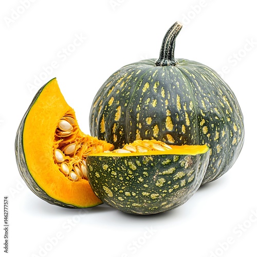 A kabocha squash whole and sliced with seeds on a white background close up view