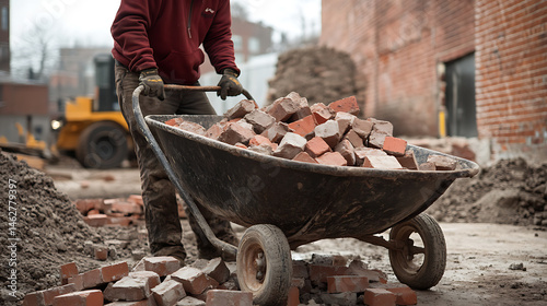 Construction Worker Moving Bricks with a Wheelbarrow photo