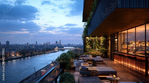 Rooftop terrace view on Thames river at night; luxury urban living; cityscape scene