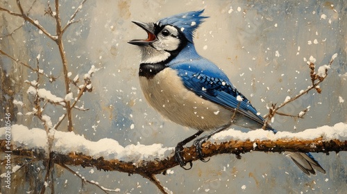 Blue Jay singing in snowy winter branch