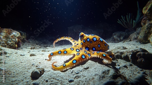 Wallpaper Mural Blue-ringed octopus on ocean floor at night.  Ocean wildlife background Torontodigital.ca