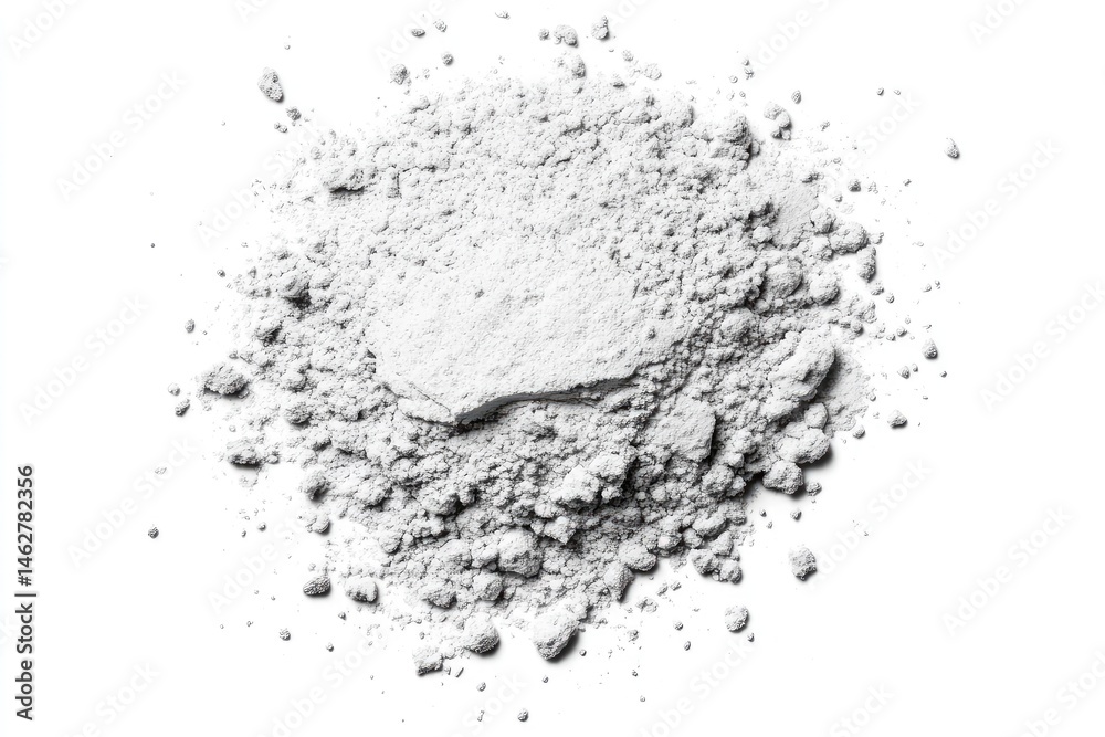 Light gray powder pile, scattered and textured. A pile of fine, light gray powder, unevenly distributed, and slightly cracked, on a white background Light gray powder pile, scattered and textured. A pile of fine, light gray powder, unevenly distributed, and slightly cracked, on a white background