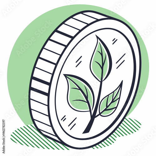 Eco-friendly coin icon featuring leaf symbol and soft green gradient