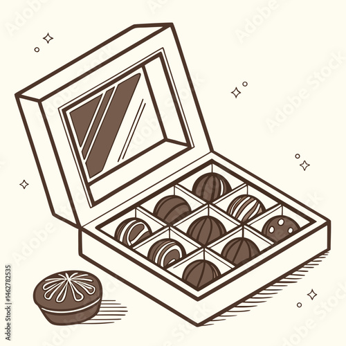 Isometric chocolate box icon with open lid and pieces