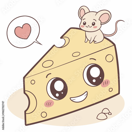 Kawaii cheese icon with blushing cheeks and tiny mouse friend