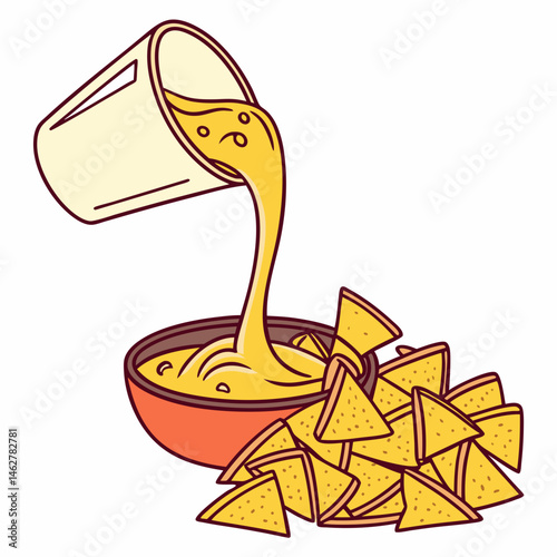 Melted cheese icon dripping over nachos in flat design