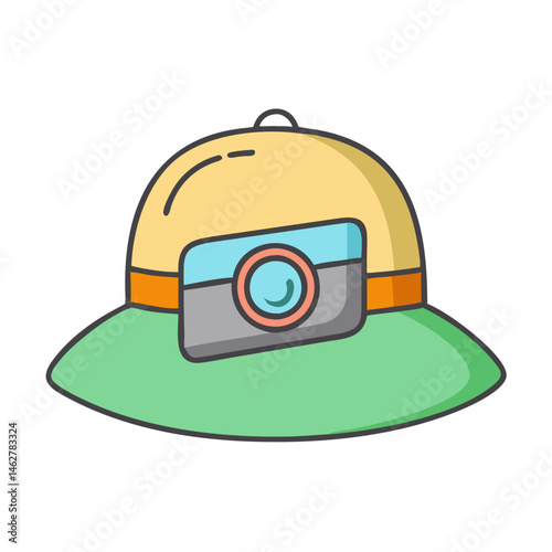 Illustration of a pith helmet with a camera for adventure travel and safari photography gear