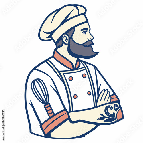 Hipster chef icon with beard, rolled-up sleeves, and tattoos of kitchen tools, vector illustration with indie flat-style details