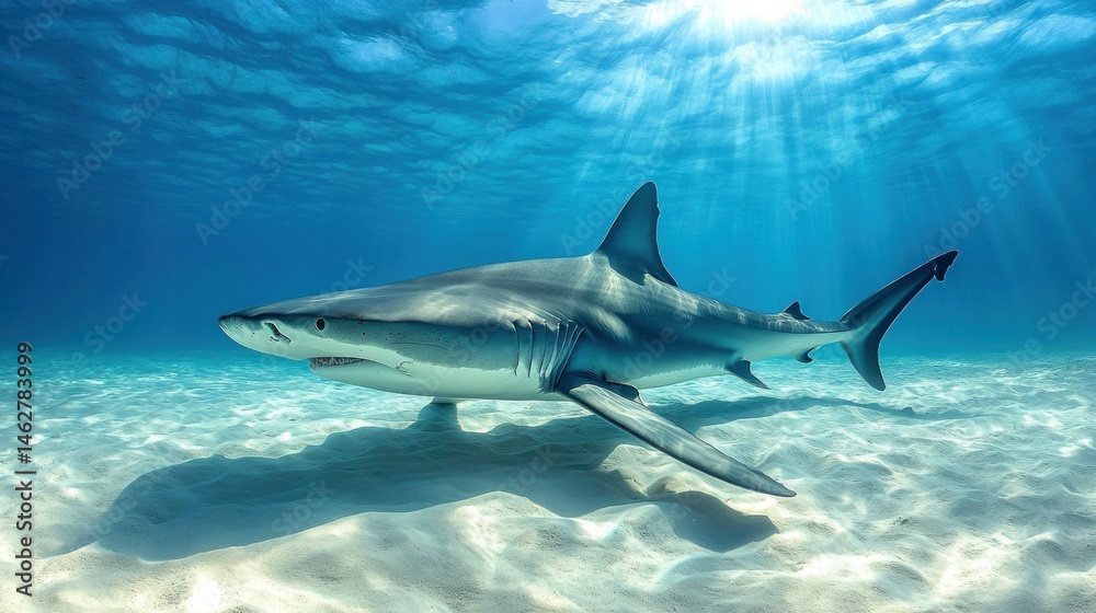 Fototapeta premium Caribbean reef shark swimming, sunlit shallows, white sand