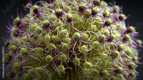 Close up view of dissected Allium flower ball, showcasing intricate microflowers with green buds and purple accents. delicate structure and vibrant colors create captivating visual experience