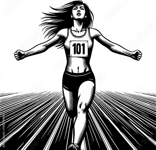 Woman runner crossing the finish line. Silhouette of athletic looking female runner running. EPS 10 version.