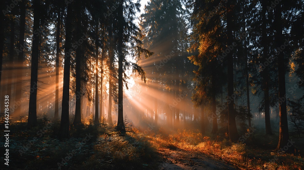 Obraz premium Sunny rays through woods. Dense trees and foliage