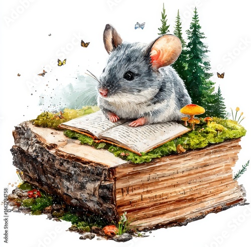 A watercolor illustration depicts a little mouse reading fairy tales while sitting in a walnut shell on a moss rug, surrounded by the magical atmosphere of Christmas and New Year, evoking a sense of