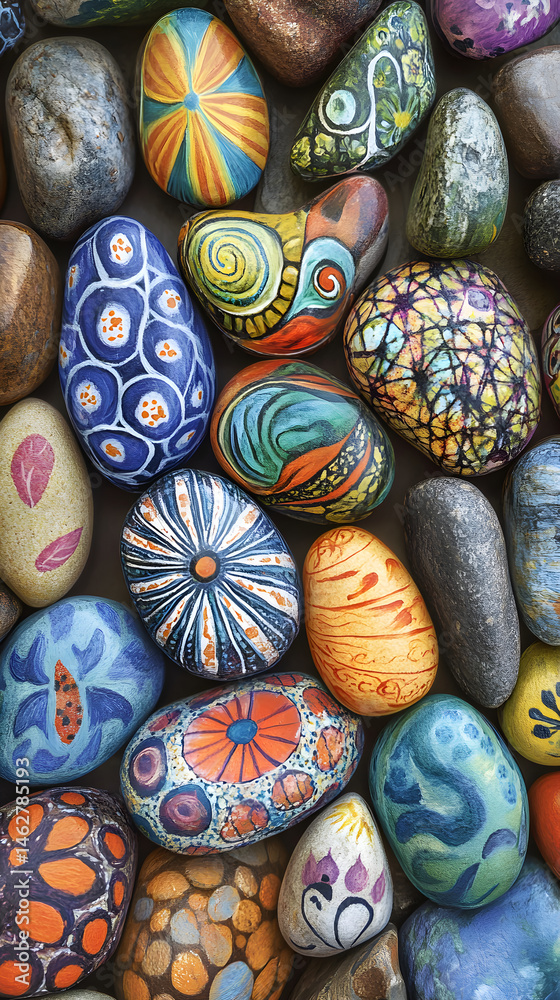 A Vibrant Display of Artistry: Painted Rocks Featuring Nature and Geometric Patterns