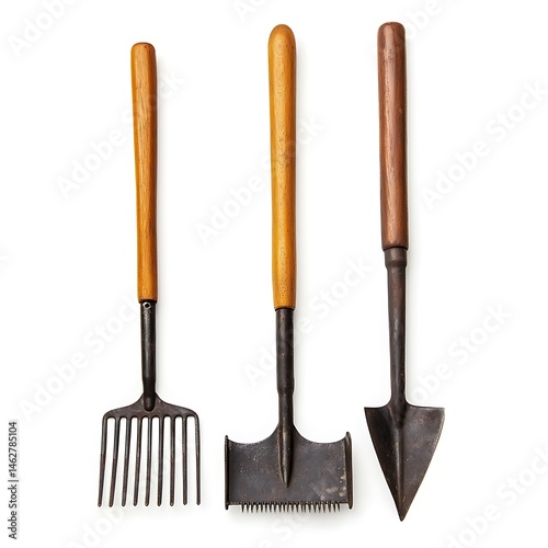 A still life of three vintage gardening tools with wooden handles on a white backdrop