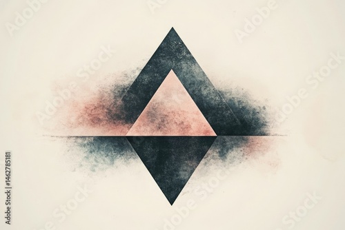 Abstract geometric art with overlapping triangles, textured with grunge and dusty effects, creating a minimalist and visually appealing design.