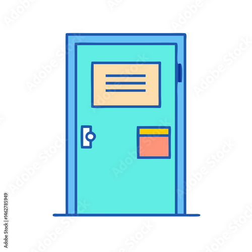 Illustration of a blue door entrance doorway with door handle and door sign interior design