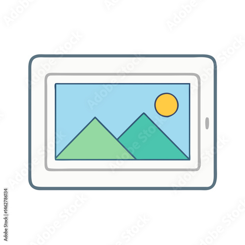 Illustration of tablet device screen showing landscape with mountains and sun mobile technology