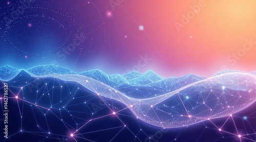 Abstract digital landscape with glowing mountain ranges and interconnected network.  A vibrant blend of colours and geometric shapes representing the interplay of digital elements and natural forms
