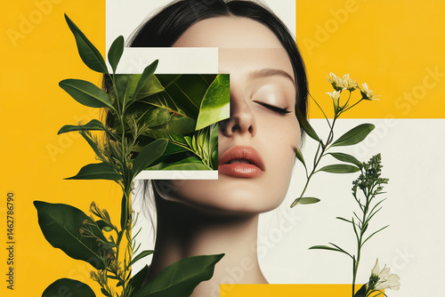 woman's face is cut out of a collage of plants and flowers. The collage is yellow and white, and the woman's face is surrounded by green leaves and stems. Concept of natural beauty