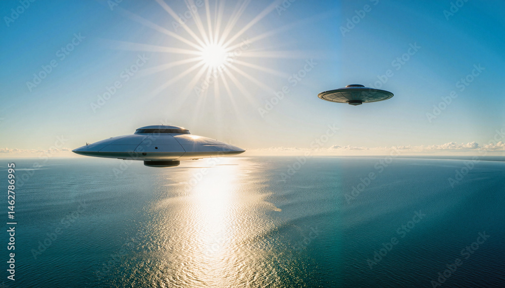 UFOs passing over vast blue ocean, extraterrestrial exploration UFOs passing over vast blue ocean, extraterrestrial exploration