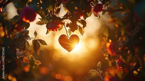 A heart-shaped silhouette, bathed in golden sunlight, hangs amidst a garden of roses at sunset.