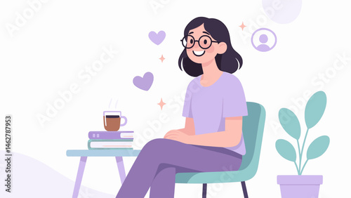 Vector of a confident modern woman wearing stylish glasses, designed in a clean flat style. perfect for branding, editorial, or merch use.
