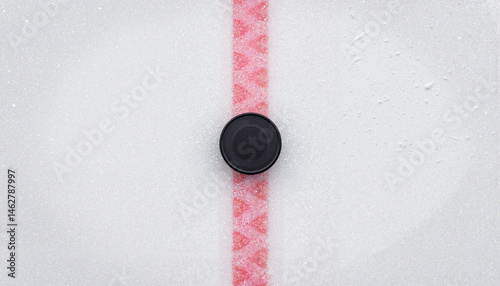 Top-down view of ice hockey puck on rink, celebrating Canada Day