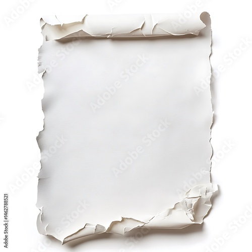 A white sheet of paper with torn edges and curled top isolated on white background