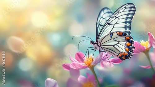 Butterfly flying near colorful flowers