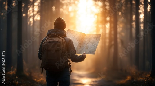 A hiker in a misty forest consults a map at sunrise. photo