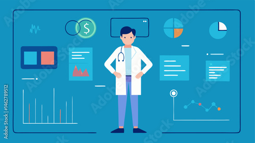 Health Metric Dashboard A healthcare professional standing in front of a large AR dashboard displaying various health metrics and indicators for a patient.