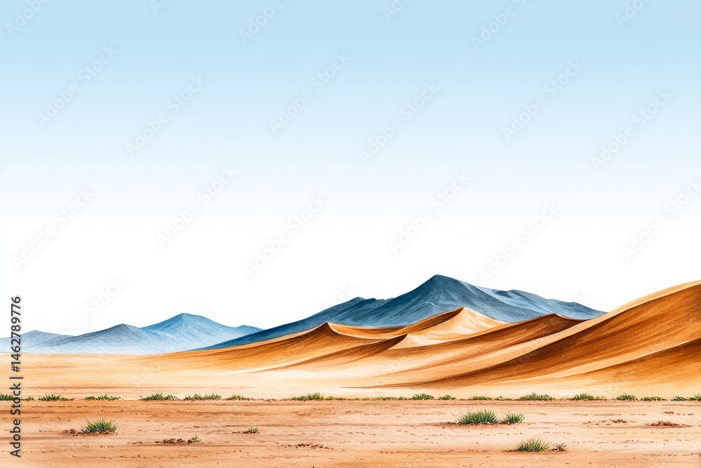 Fototapeta premium Serene Desert Dunescape - Vast, undulating sand dunes meet a hazy mountain range under a pale blue sky. Symbolizing freedom, serenity, adventure, mystery, and the passage of time