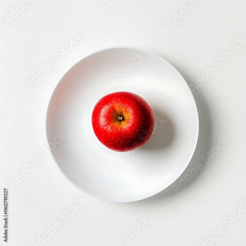 A vibrant red apple sits centered on a pristine white plate against a white surface