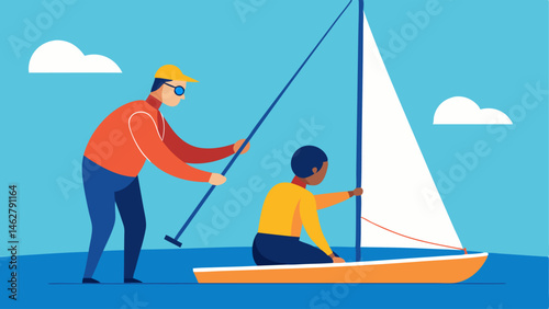 Sailing with Assistance An image of a volunteer assisting a sailor with a visual impairment using a guide rope with the sailboat gliding smoothly on the water.