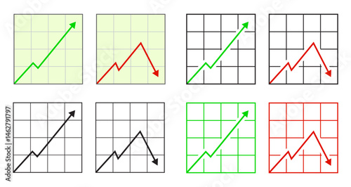 Chart Emoji Set Vector PNG, profit and loss emoji Green and Red Arrows icon, Upward and Downward Trend Line Graph Icons for Financial, Data Analytics, Investment, Business, and stock market