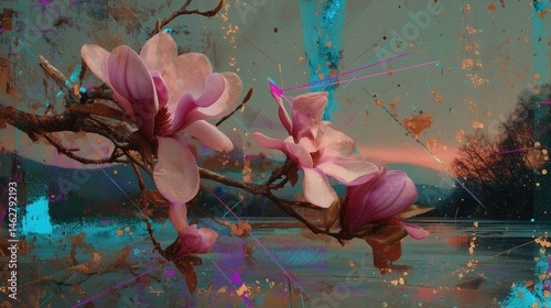 Vibrant abstract artwork with magnolia flowers and neon geometric shapes on blue textured background