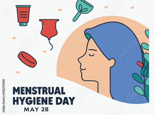 woman's face, abstract flowers, menstrual hygiene products, menstrual hygiene day, pastel colors, digital art, minimalist design