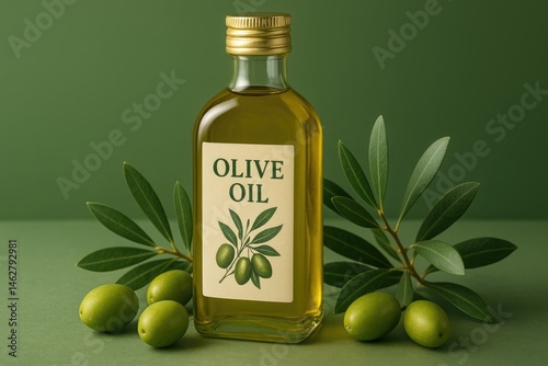 Olive oil bottle with green olives and leaves on green background, product branding concept