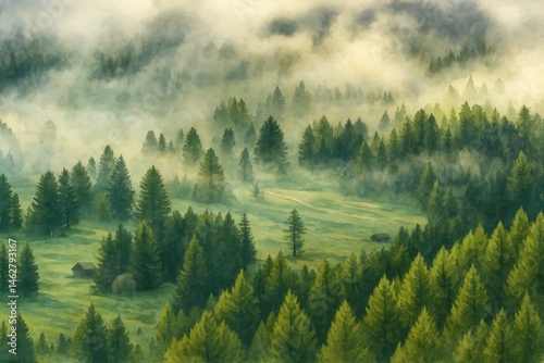 Watercolor landscape of misty evergreen forest with rolling hills and cabins in a tranquil valley